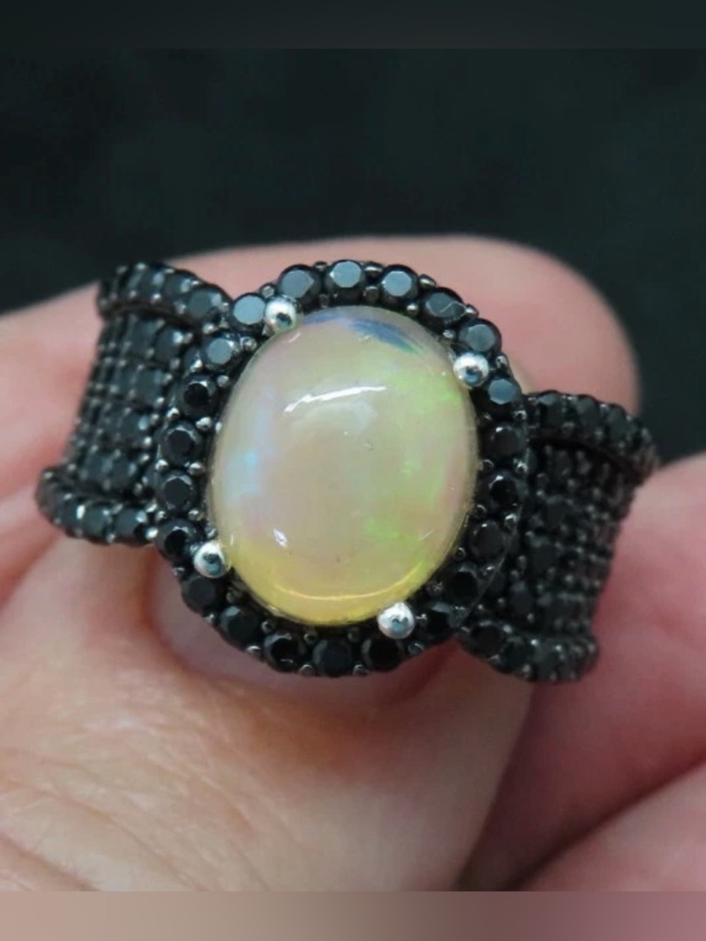 CONTEMPORARY COLLEEN LOPEZ 925S HSN ETHIOPIAN OPAL & BLACK SPINELS SIZE 6